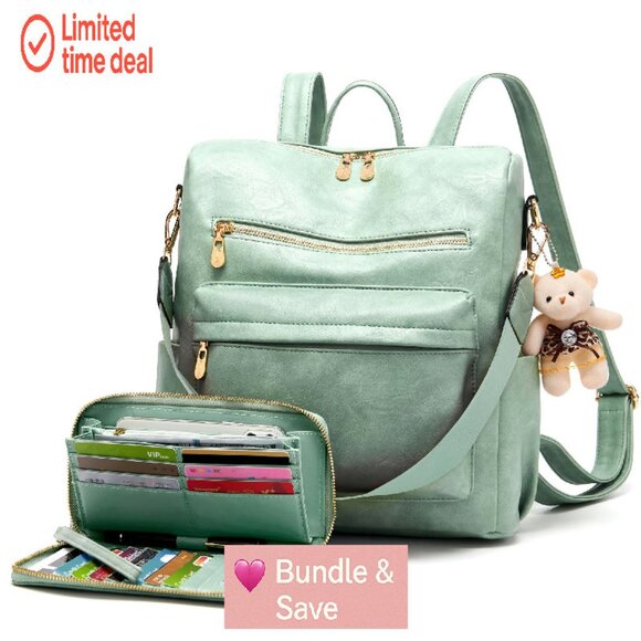 Women's PU Leather Backpack Purse Set with Wallet, 2-Piece Multi-Use Bag - Picture 1 of 7